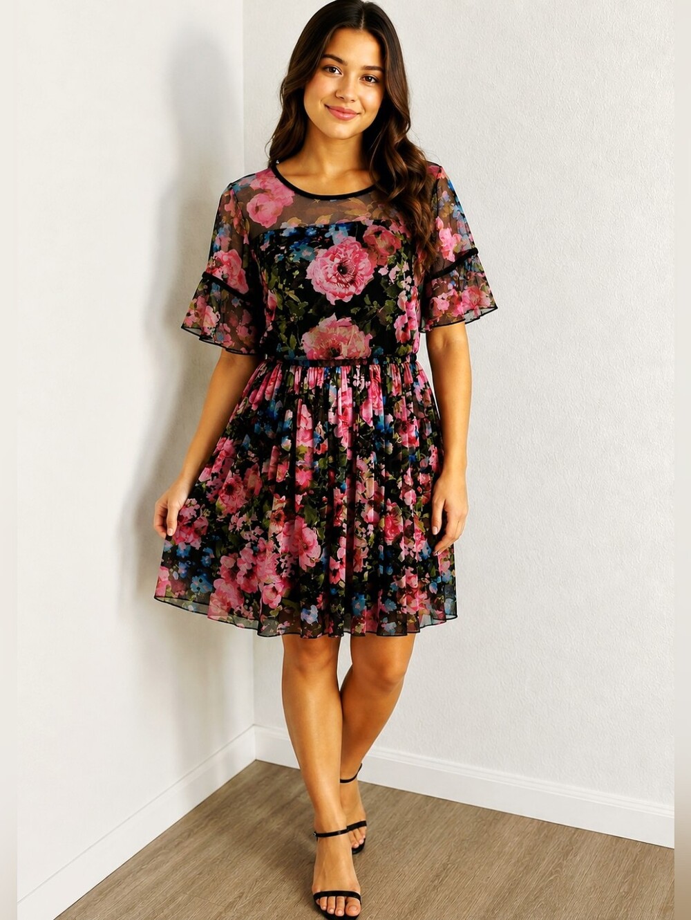 Justice Floral Mesh Dress in Pink & Black with Velvet Accents, Size 20 Junior